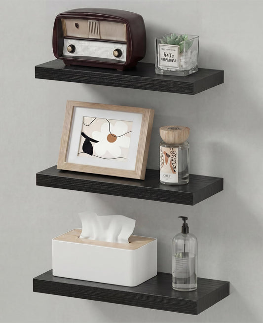 Duvique Easy Install Floating Shelves, Wall Mounted Wood Shelf,Hanging Shelf for Home Decor, Books and Storage, Small Organizer for Bedroom, Bathroom, Kitchen, 15.7 Inch Set of 3, Black
