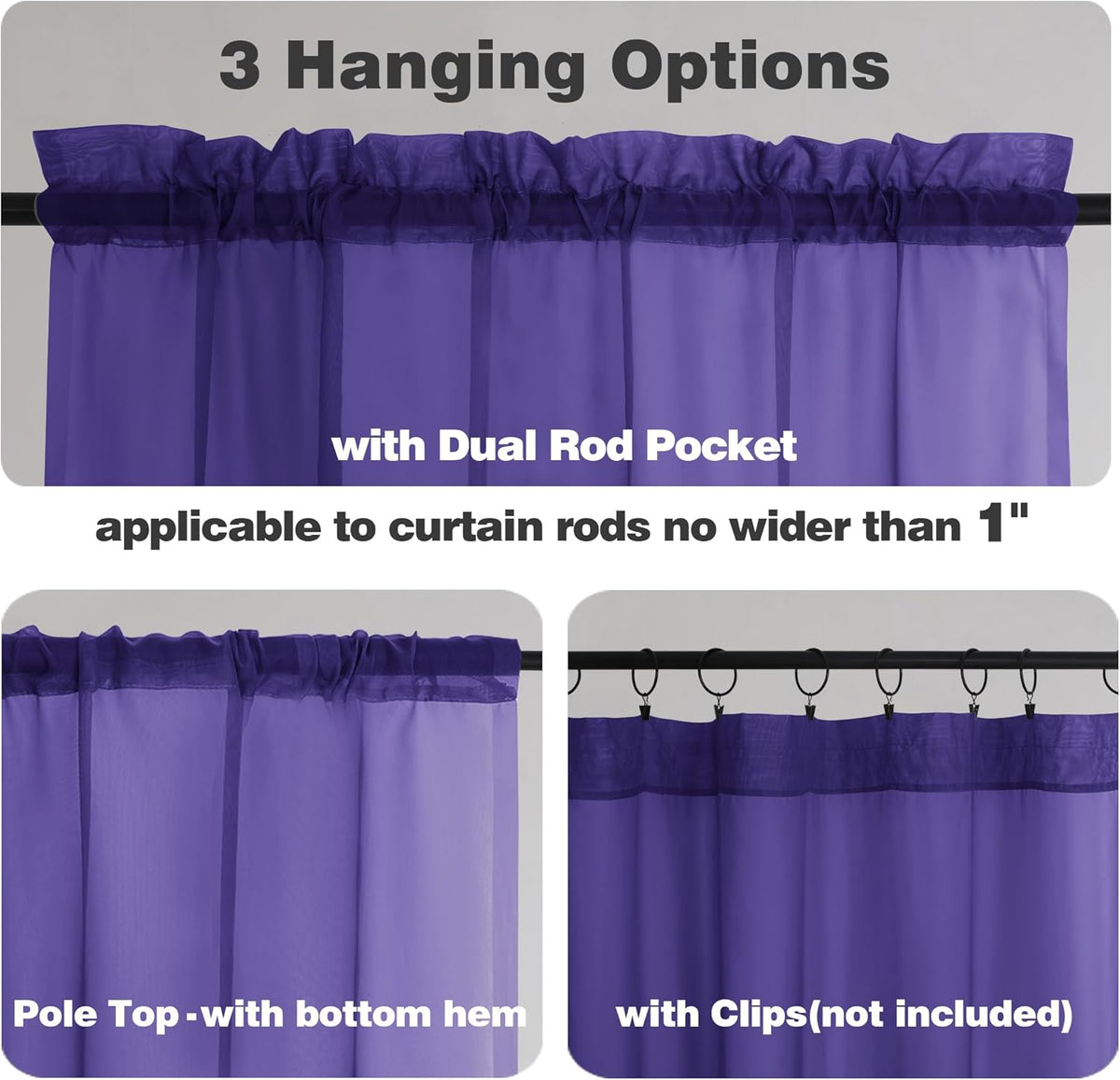 Chyhomenyc Purple Sheer Curtains 45 Inch Long 2 Panels, Light Filtering Rod Pocket Voile Short Curtains Drapes for Living Room Bedroom Small Windows, 42Wx45L Inches
