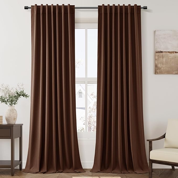 Full Black Out Rustic Brown Window Curtains 96 Inches Long Back Tab Rod Pocket Sound Absorbing Light Blocking 2 Panels Set for Dining Room Neutral Rustic Modern Farmhouse Curtains Drapes 52x96