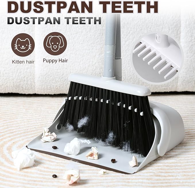 54" Long Handled Broom and Dustpan Set - Perfect Dust Pan and Brush Combo for Efficient Cleaning, Brown and White