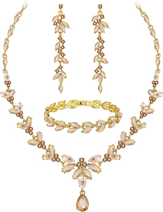 Wedding Jewelry Sets for Bride Bridesmaid Bridal Jewelry Set for Women Wedding Crystal Necklace Earrings Bracelet Set for Party Prom Jewelry