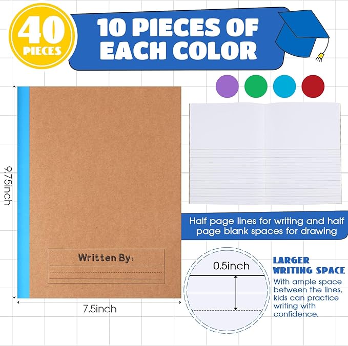 Henoyso 40 Pcs Primary Composition Notebook 9 3/4 x 7 1/2 Inch Kids Journal, Back to School Supplies, K-2 Primary Writing Notebook for Kids Student Draw and Write Story Journal (4 Color)