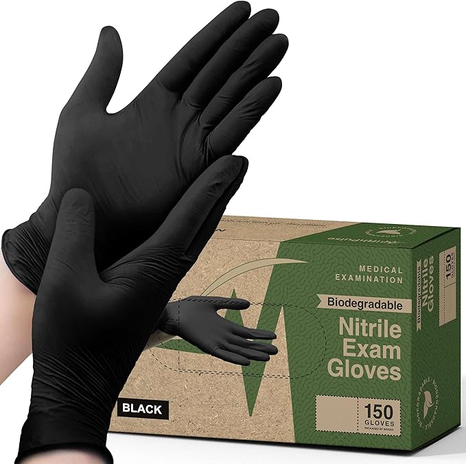FifthPulse [150 Count] Biodegradable Gloves - Black Nitrile Disposable Gloves - Medical Exam and Food Safe - Latex Free