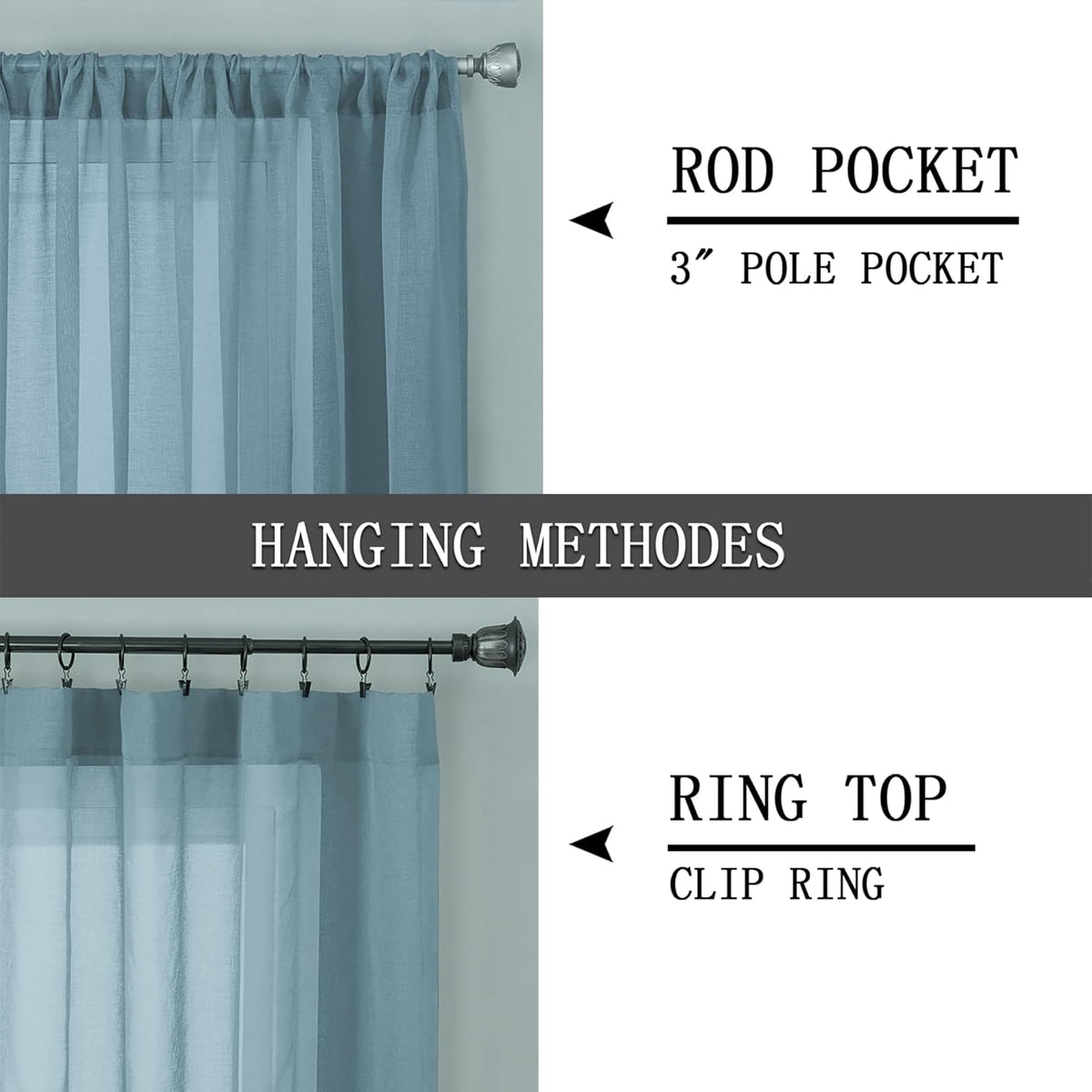 Tollpiz Sheer Curtains Linen Textured Bedroom Curtain Sheers Light Filtering Rod Pocket Voile Curtains for Living Room, 54 x 63 inches Long, Dusty Blue, Set of 2 Panels