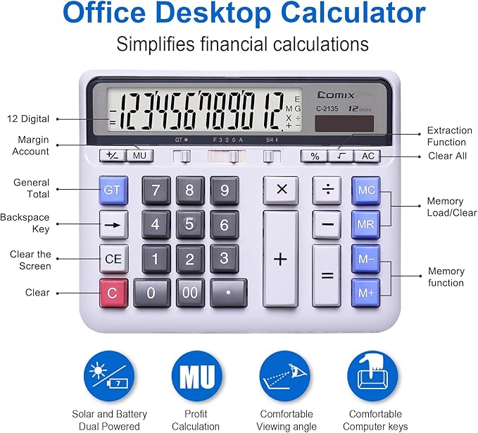 Comix Desktop Calculator Solar Battery Dual Power with 12-Digit Large LCD Display and Large Computer Keys Standard Function Calculator for Home Office School, White(2 Pack)