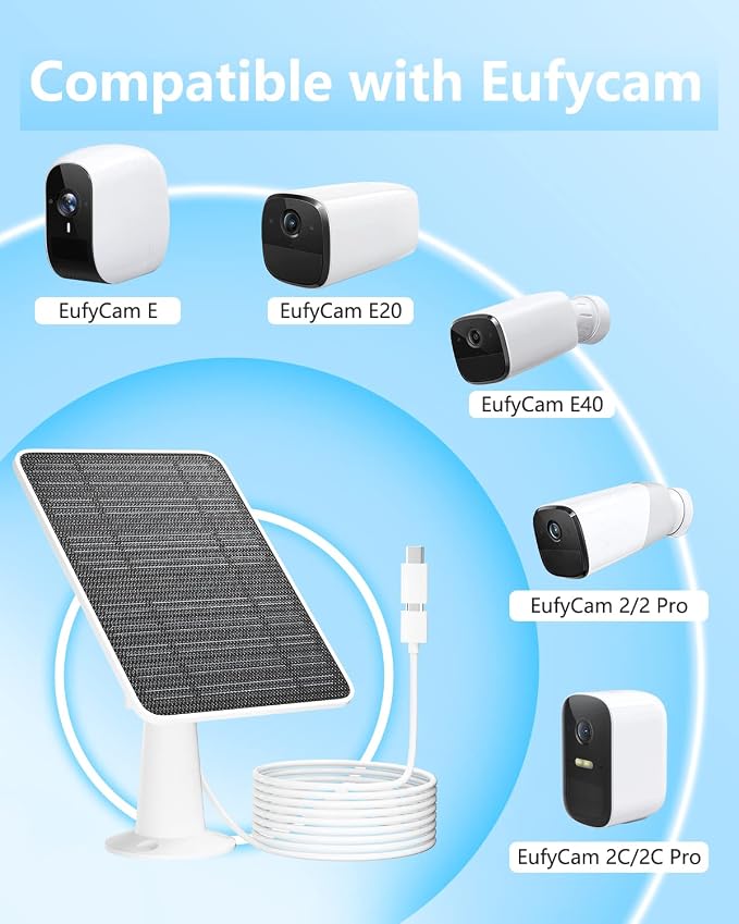 Solar Panel for Security Camera, 5W Solar Panel Charger Compatible with Eufycam 3/3C/2/2 Pro/2C/2C Pro/E/E20/E40/L20/L40/Solo/SoloCam Spotlight, Micro USB&USB-C Port IP65 Waterproof 10ft Cable, 1 Pack