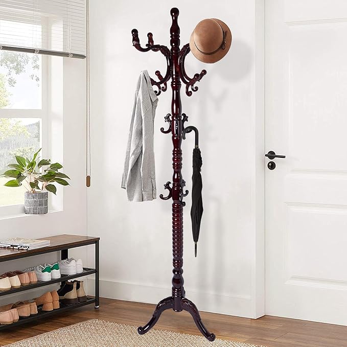 Wooden Coat Rack Freestanding, Vintage Coat Racks with Sturdy Round Base, Adjustable Height 37.40"-72.83" Entrance Coat Rack for Bedroom Living Room Entryway (Solid wood Triangle)