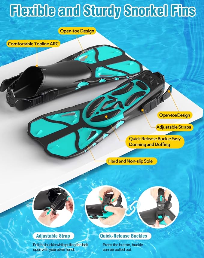 Snorkel Set with Fins for Adults, Snorkeling Gear for Adults Men and Women, Snorkle, Mask Set Adults Dry Top Snorkel Mask Combo Set with Travel Bag for Snorkeling, Diving, Swimming