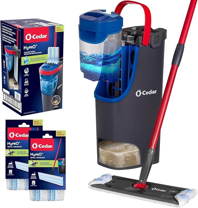 O-Cedar H2prO Flat Mop System with 2 Mop Head Refills | Quick Cleaning Tool | Clean with Clean Water | Machine Washable Reusable Microfiber Mop Pad | Safe on Wood Floors, Vinyl,Tile, Baseboards, Walls