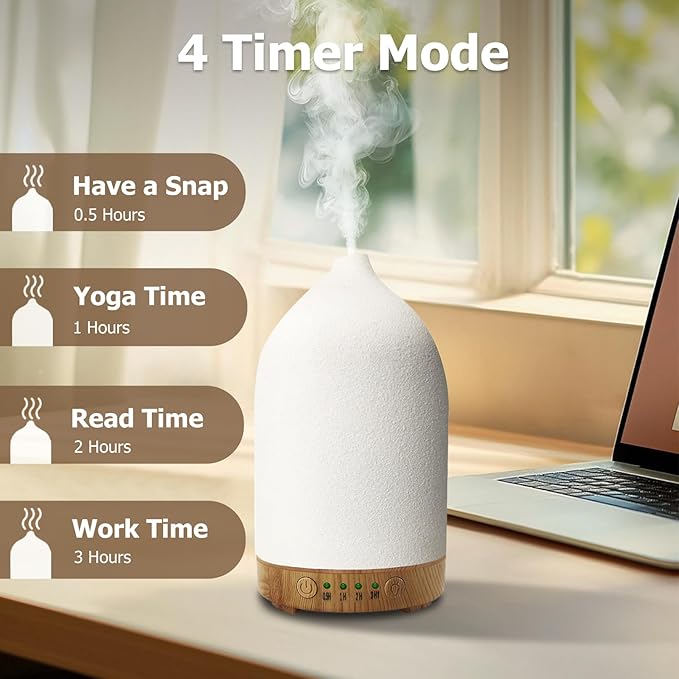 Essential Oil Diffuser Humidifiers, Aromatherapy Diffusers, Ceramic Essential Oil Diffuser, 7 Color LED Lights Auto Shut-Off, 4 Timer Mode for Office and Room 100ML White