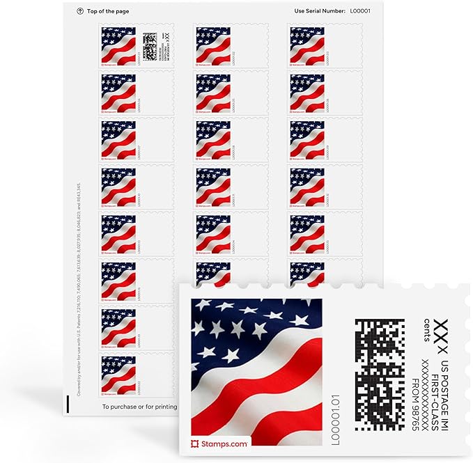 Stars & Stripes NetStamps 1200-Pack (50 Sheets) Printable Postage Labels (Stamps.com Subscription Required) - Print Approved Postage - Inkjet & Laser Printers - Business, Personal, Home