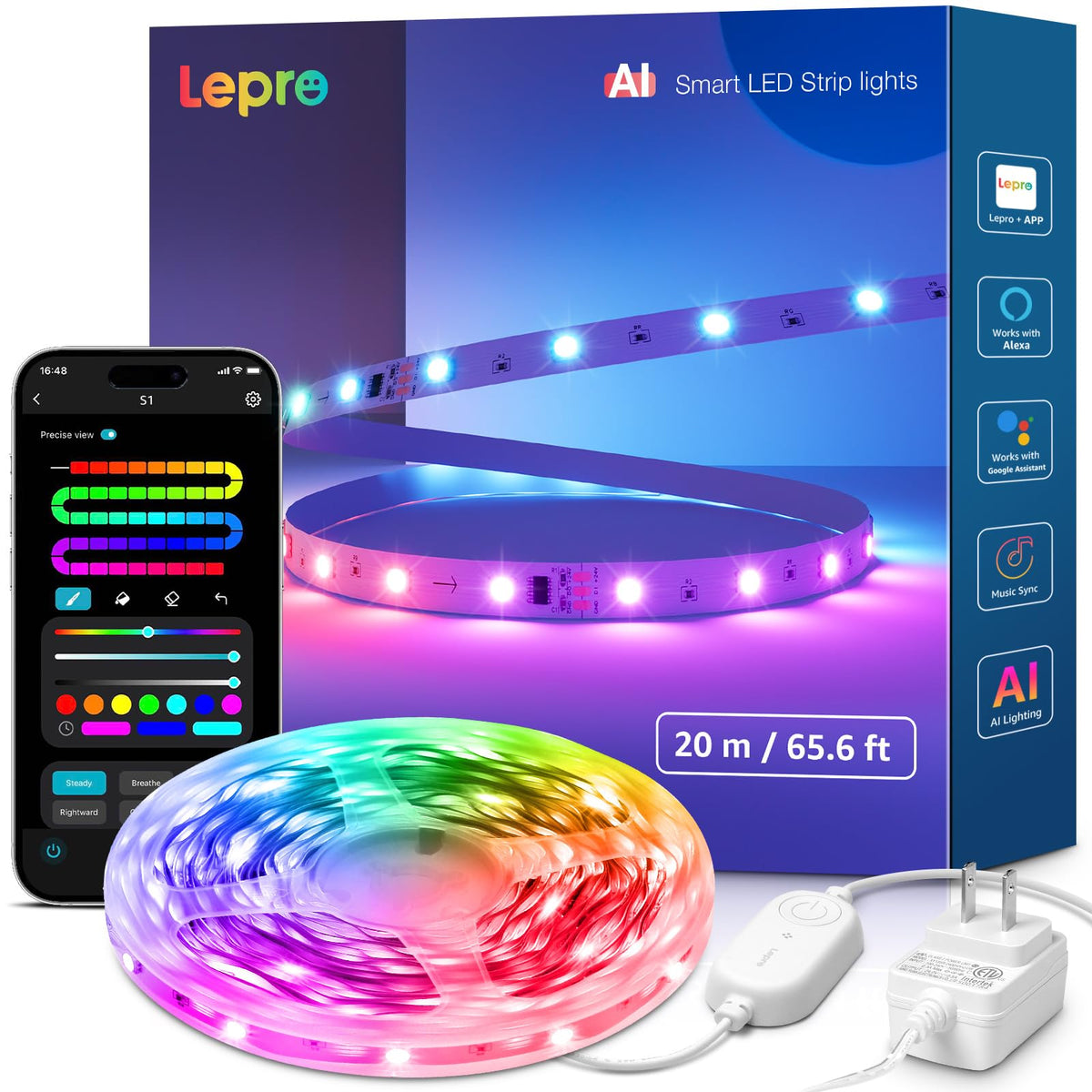 Lepro S1 AI LED Strip Lights for Bedroom - 65.6ft Smart RGB Light Strips with IC and Rainbow Chasing Effects, Color Segment DIY, AI Generated Lighting, No Remote, 2.4G Wi-Fi & Bluetooth