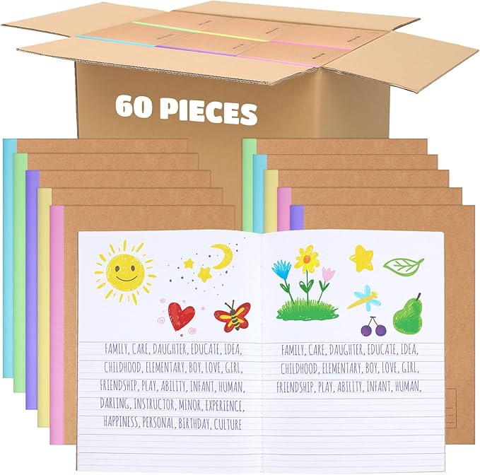 Henoyso 60 Pcs Primary Composition Notebook 9 3/4 x 7 1/2 Inch Kids Journal, Back to School Supplies, K-2 Primary Writing Notebook for Kids Student Draw and Write Story Journal (Colorful Macaron Color)