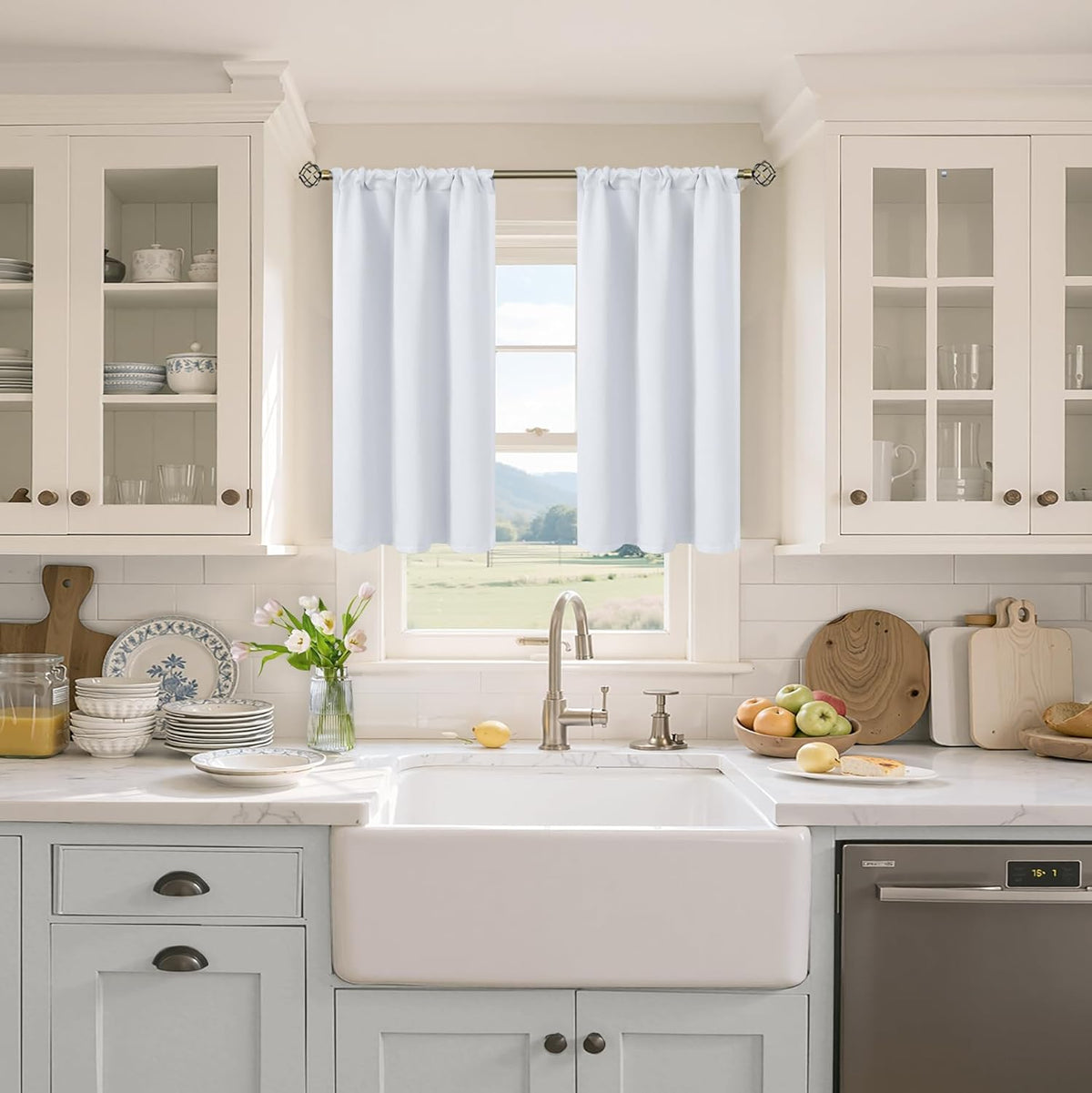 BGment Room Darkening Curtains 45 Inches Length - Rod Pocket Short Window Drapes Thermal Insulated for Bedroom Kitchen Cafe, Greyish White, 34 x 45 Inch, 2 Panels