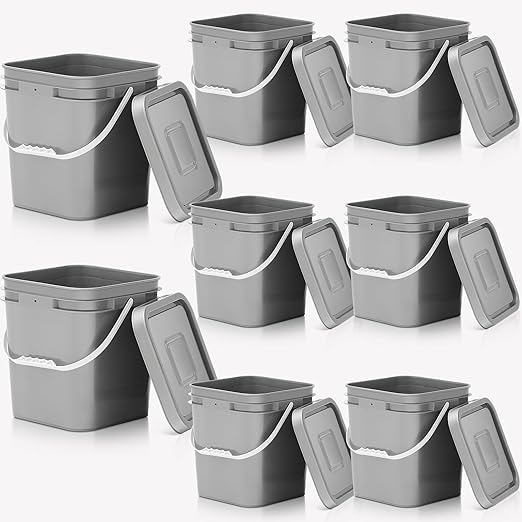 Mumufy 8 Pcs 3.5 Gallon Square Food Grade Bucket with Lid Square Bucket Pail with Plastic Handles for Storing Dry Food, Charcoal, Camping, Fishing (Gray)