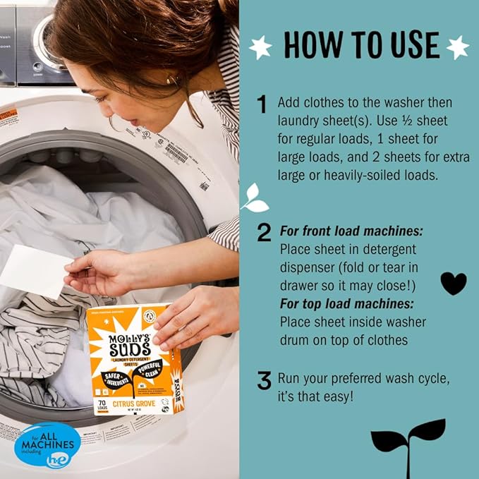 Molly’s Suds Laundry Detergent Sheets | Gentle on Sensitive Skin, Powerful Bio-Based Enzymes, Stain-Fighting | Liquidless & Plastic-Free Packaging | 120 Loads (Unscented)