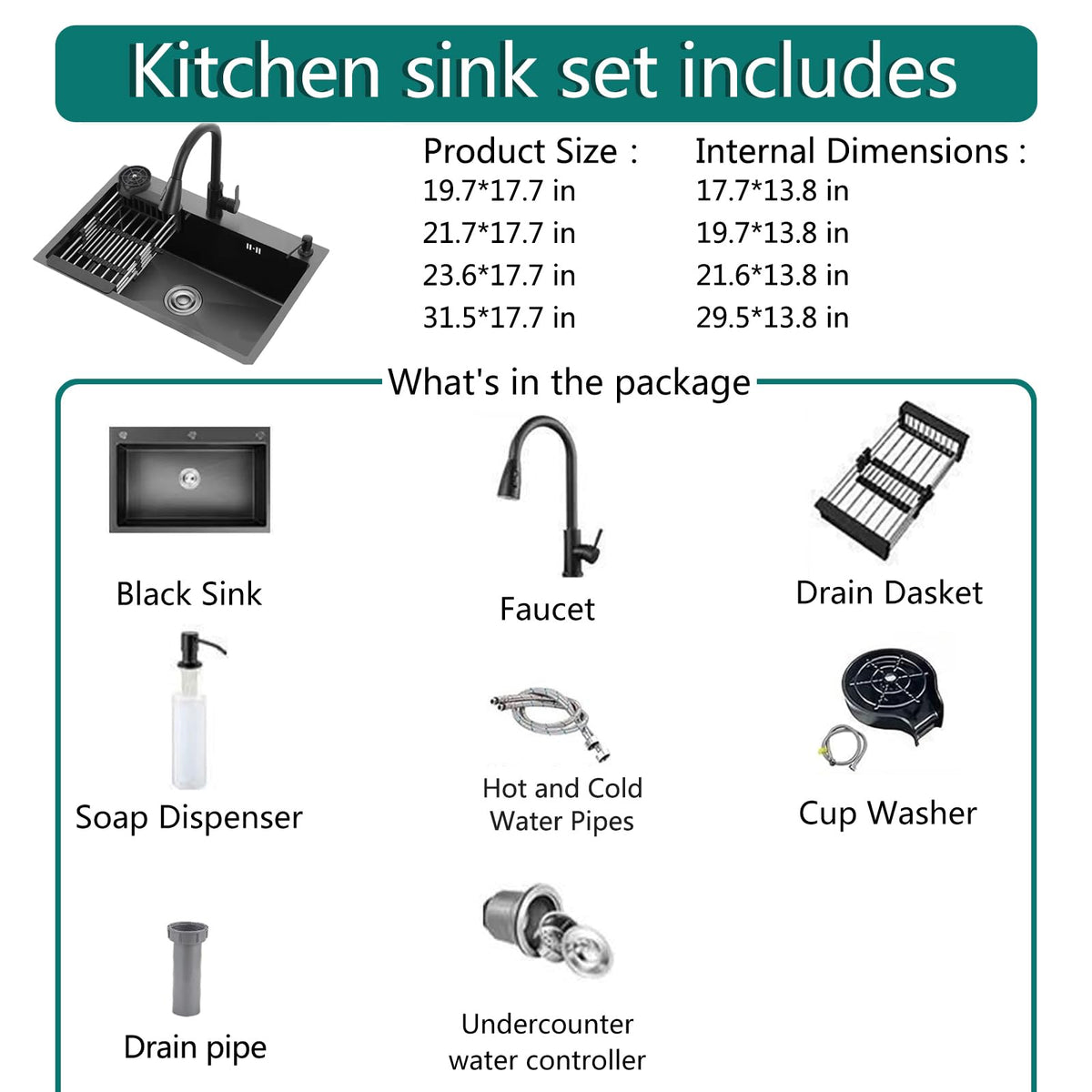 YINXSLO Black Kitchen Sink with Faucet, Top Mount/Drop-In 3 Hole Single Bowl Stainless Steel Sink with Cup Washer, Soap Dispenser, Drainage kit for Bar, Kitchen, Balcony (19.7 * 17.7in)