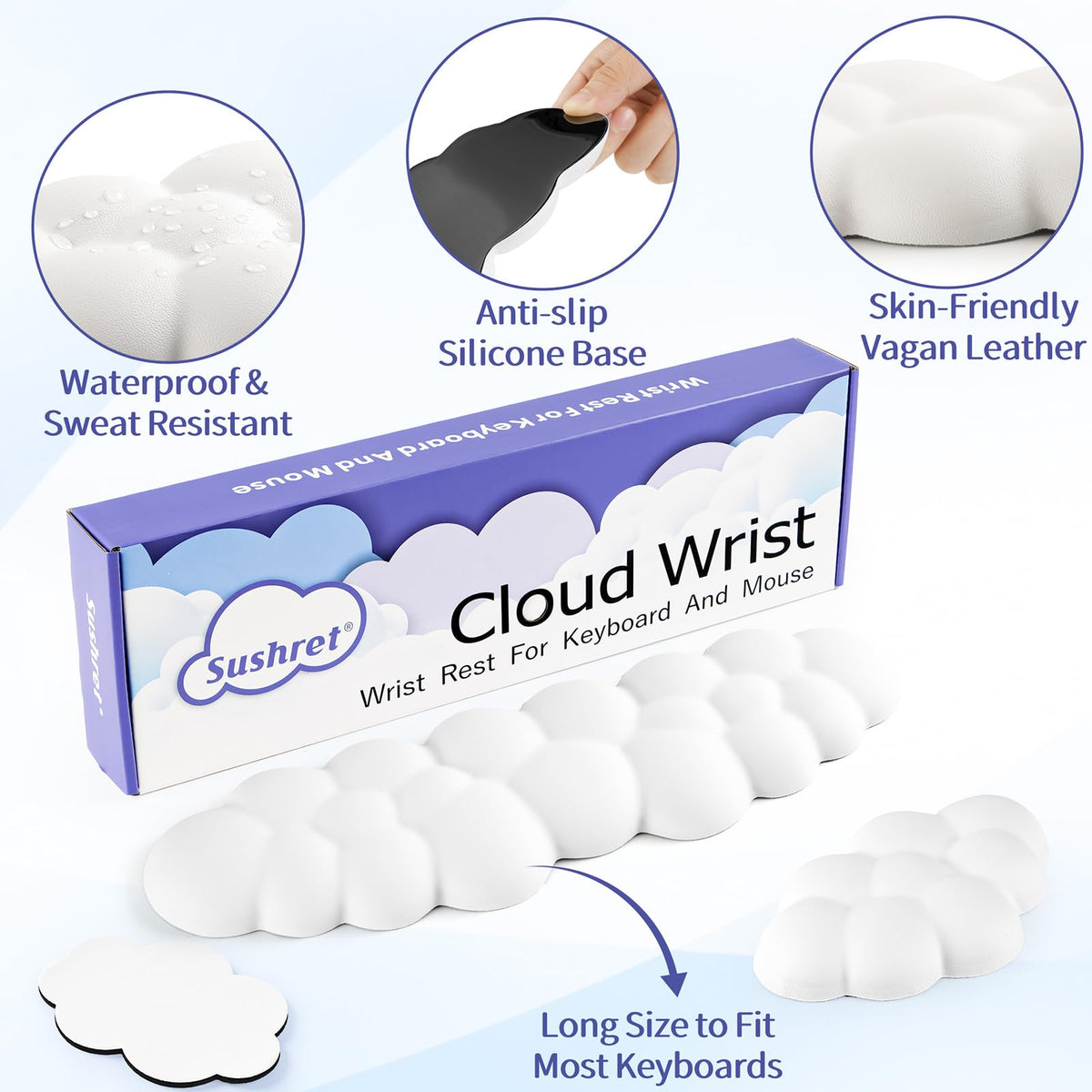 Sushret Cloud Wrist Rest Keyboard, Cloud Keyboard Wrist Pad Set with PU Leather Memory Foam, Cute Arm Rest for Palm Support, PC/Gaming Desk Accessories/Office Setup/Computer Hand Cushion - White