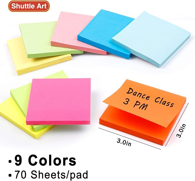 Sticky Notes, Shuttle Art 9 Bright Colors Stickies, 9 Pads 630 Sheets Total, 3x3 Inches Self-Stick Pads for Home, School, Office