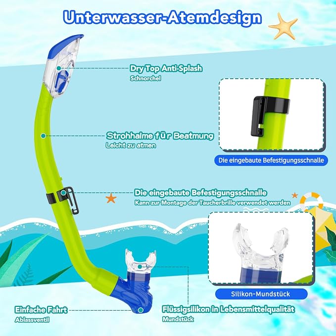 Snorkeling Gear for Kids with Foldable Silicone Full Dry Snorkel, Kids Snorkel Set Anti Leak Youth Junior Snorkeling Package Diving Mask Soft Tube with Mesh Bag Scuba Swimming Goggles