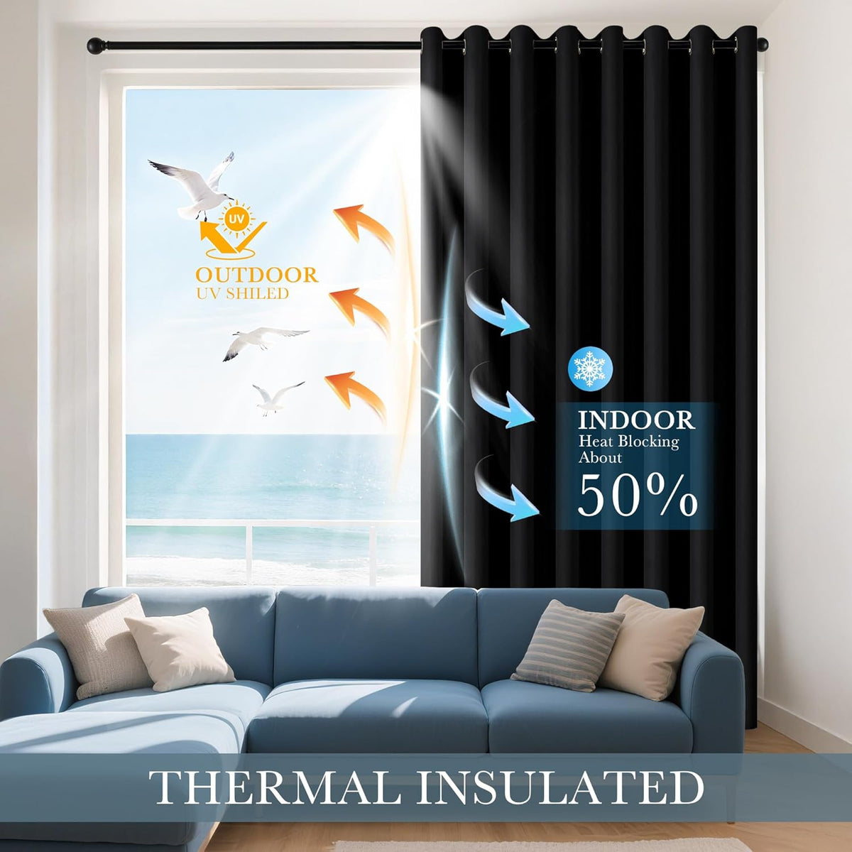 Pony DACNE Black Blackout Curtains for Bedroom 2 Panels Set - Light Reducing Solid Grommet Thermal Insulated Window Black Out Drapes for Living Room, 42 Wide by 60 inch Long