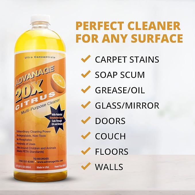 All Purpose Cleaner Concentrate - Advanage 20X The Wonder Cleaner Citrus for All Surfaces Around Bathroom, Kitchen, Oil and Grease | Multi Purpose Cleaner for Household Cleaning Solution | 32 Fl Oz