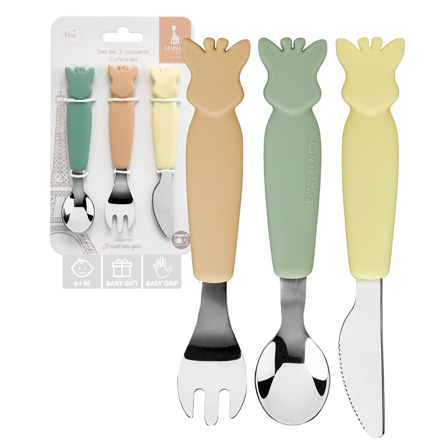 Sophie la girafe Baby Cutlery Set for Toddlers and Babies Easy Grip Fork Spoon and Rounded Safety Knife Stainless Steel First Feeding Utensils for Self Feeding