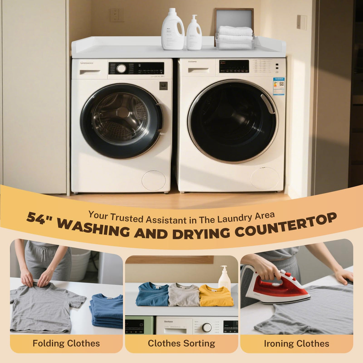 FAHKNS Washer Dryer Countertop - 54" Wood Laundry Washer Dryer Topper with Anti-Slip Mat, Waterproof Laundry Room Organization, Elegant & Space-Saving, White