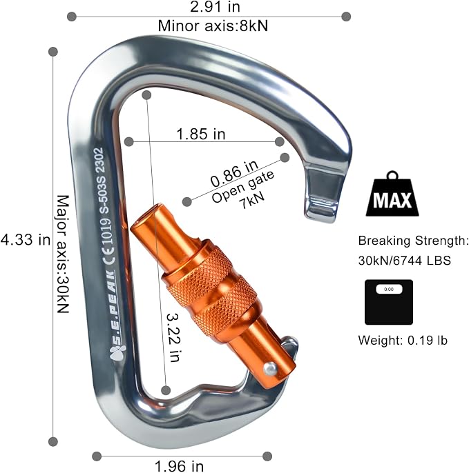 SEPEAK UIAA 30kN Locking Climbing Carabiner, Professional Heavy Duty Screwgate Clip for Outdoor Climbing, Mountaineering, Rappelling, Camping, Hiking, Swing,Large D Carabiner Hook/6744lb