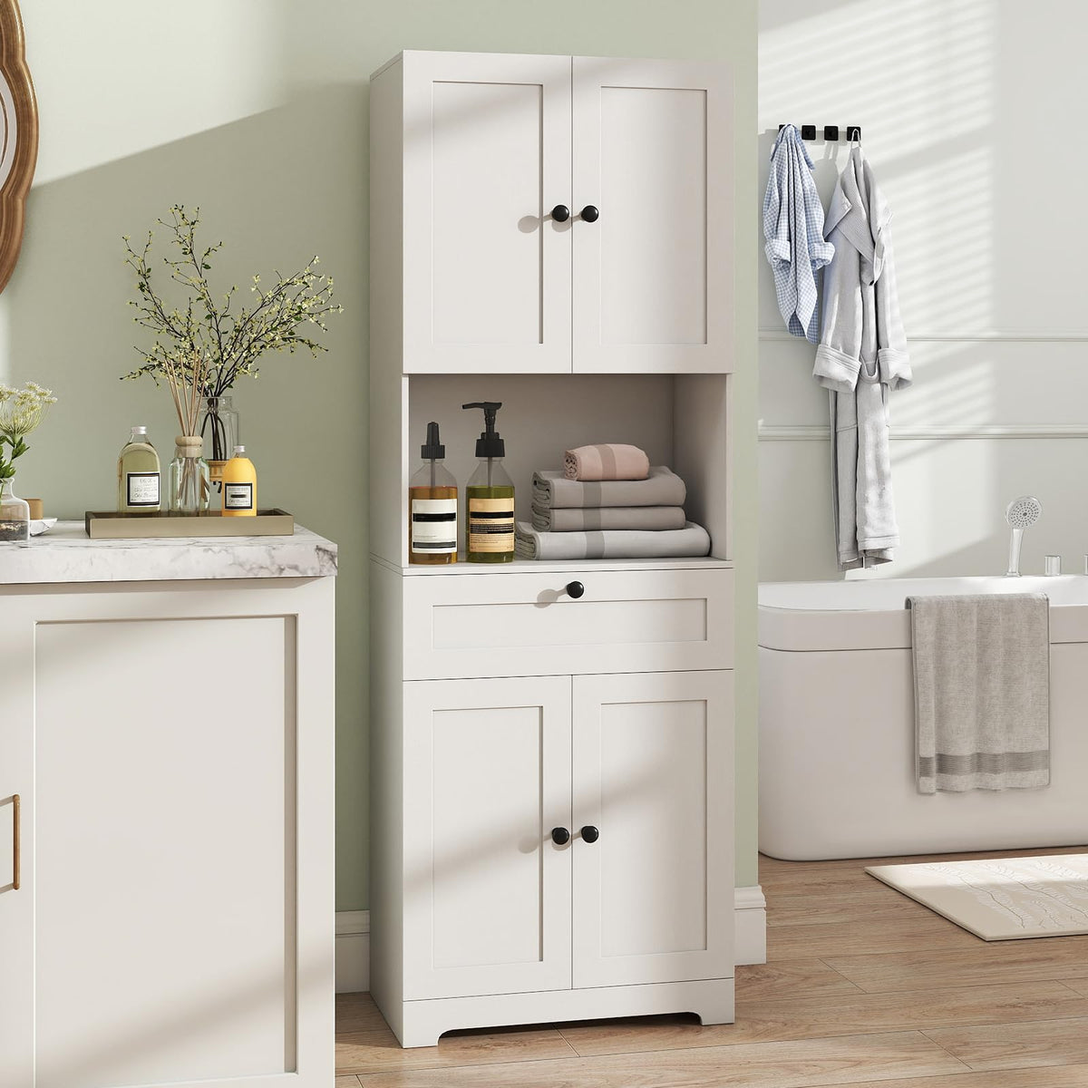 Giantex Kitchen Pantry Cabinet, 67.5" Tall Floor Storage Cabinet w/4 Doors & 1 Drawer, Modern Freestanding Bathroom Organizer w/Open Countertop & Adjustable Shelf for Dining Room, Living Room (White)