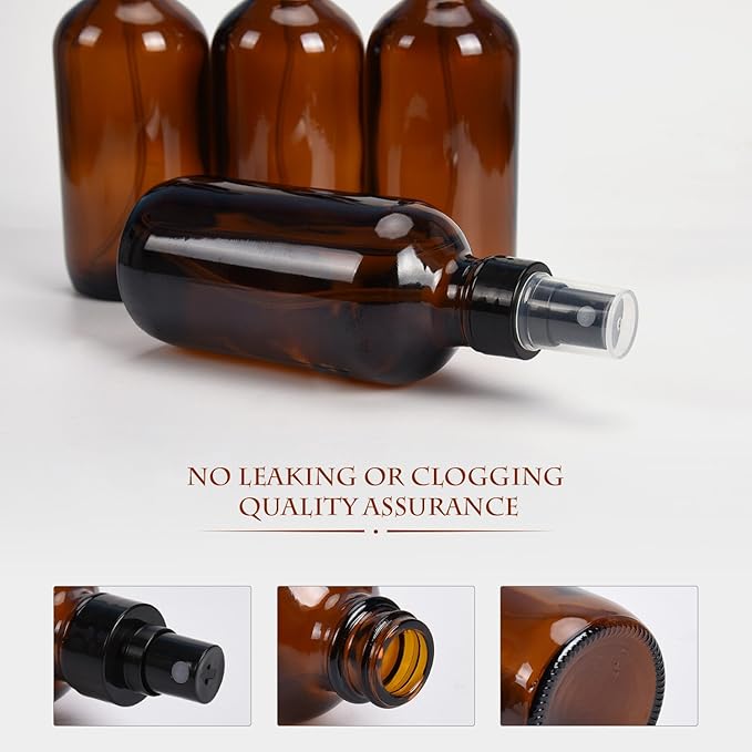 ULG Fine Mist Sprayers 4 oz Amber Boston Bound Glass Bottles 8 Pieces Empty Spray Atomizer Aromatherapy Cosmetic Sprays Including Waterproof DIY Labels