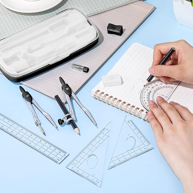 Zonon Math Geometry Set 10 Pcs Student Supplies with Shatterproof Storage Box, Includes Rulers Protractor Compass Pencil Sharpener Lead Refills Eraser Pencil for Drafting and Drawings (Black)