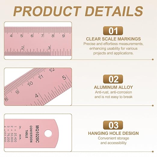HARFINGTON 4pcs Metal Straight Ruler 30cm Metric SAE Aluminum Alloy Measuring Rulers Scale Tool with Hole for Measure Study Reading Classroom Office, Pink