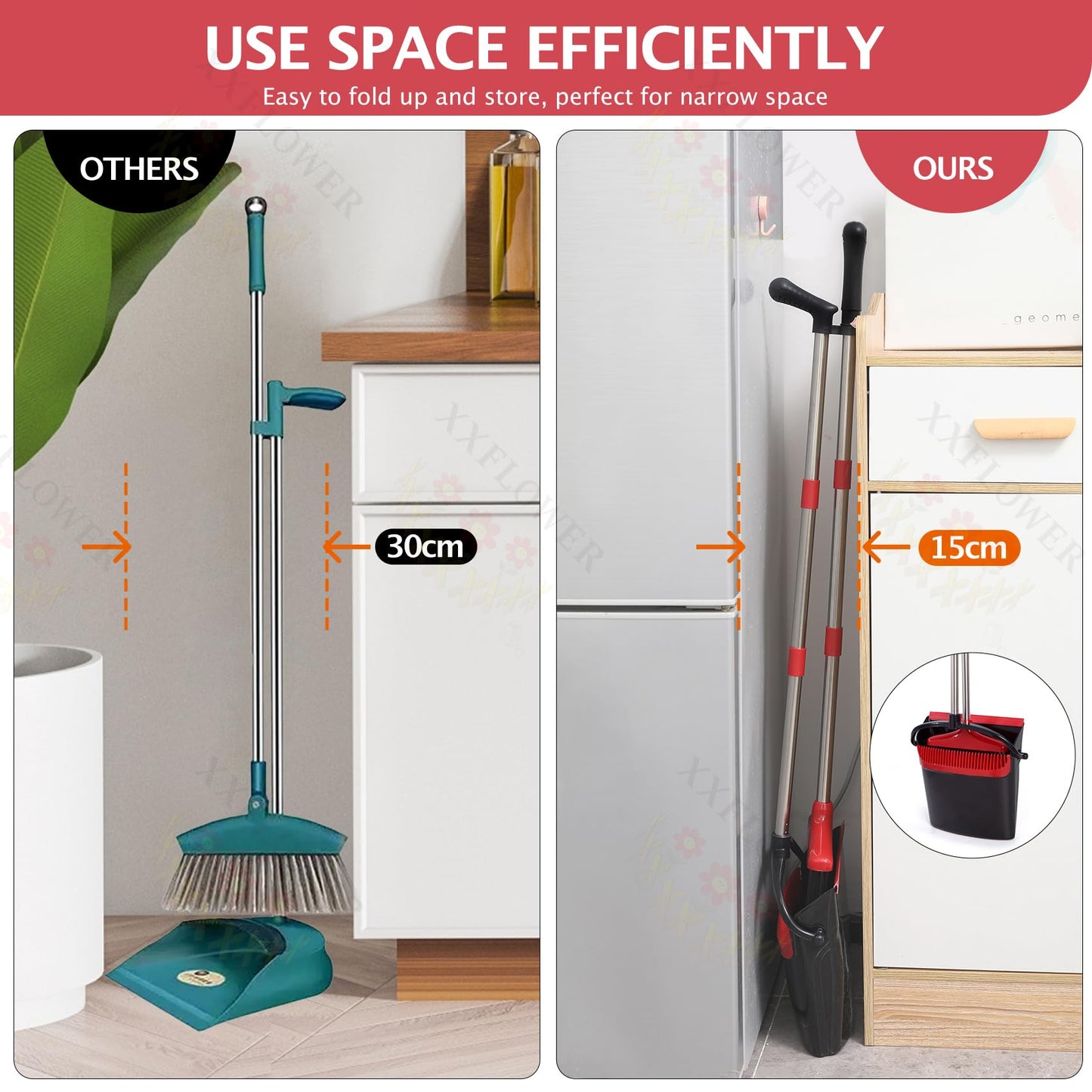 XXFLOWER Broom and Dustpan Set with Long Handle, Light Weight Stainless Steel Poles Stand Upright Dustpans with Broom Combo for Home Kitchen Office Pet Dog Hair, Black & Red Color, 1-Pack