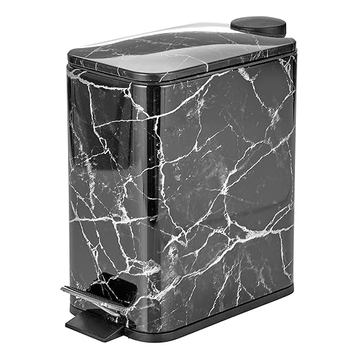 mDesign Slim Metal Rectangle 1.3 Gallon/5 Liter Trash Can with Step Pedal, Easy-Close Lid, Removable Liner - Narrow Wastebasket Garbage Container Bin for Bathroom, Bedroom, Kitchen - Black Marble