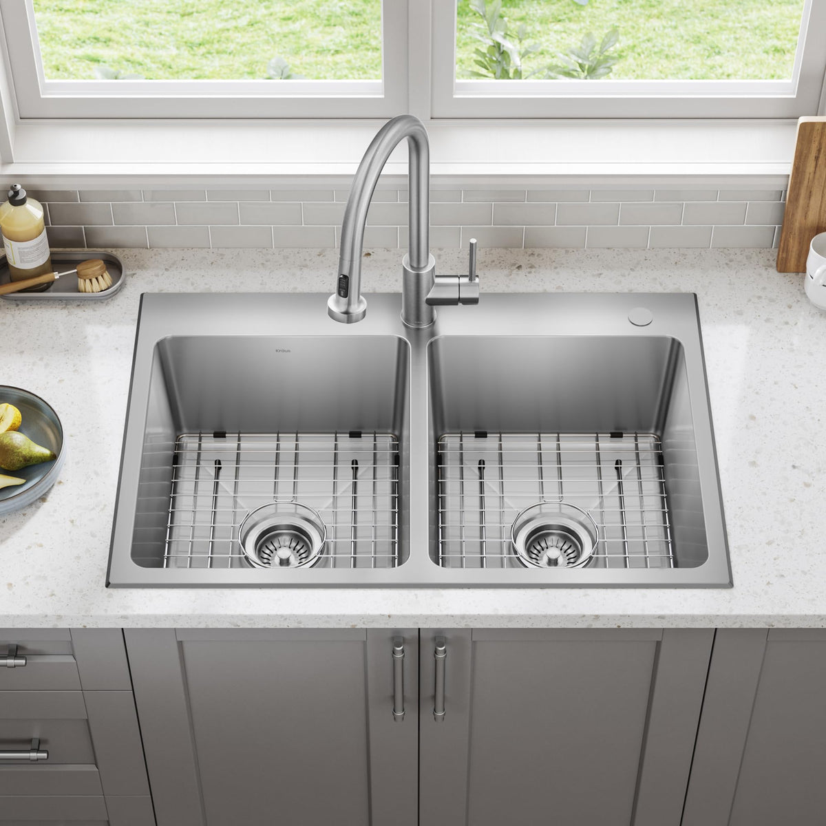 KRAUS Fairlane 33-inch Drop In/Top Mount Double Bowl 18-Gauge Stainless Steel Kitchen Sink, KHT632-33