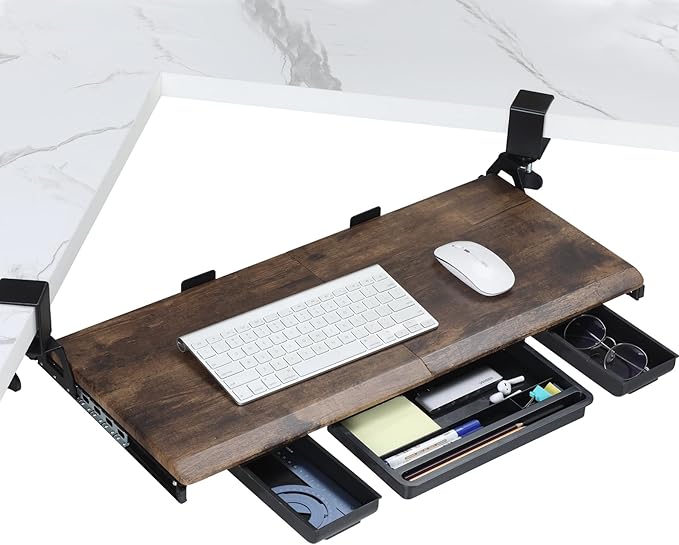 ETHU Keyboard Tray Under Desk, Ergonomic Corner Keyboard Tray with 180° Adjustable C Clamp for L Shape Desk 26.77" X 12.2" Easy to Install, Computer Keyboard Stand for Home and Office(Wood)