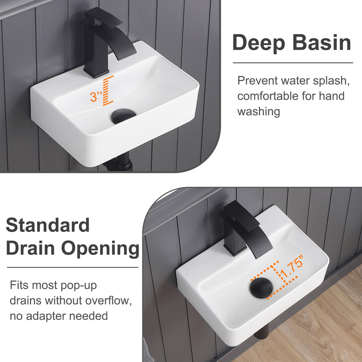 DEHOMEN Compact Wall Mount Bathroom Sink 14-inch Small Rectangular Wall Hung Floating Vessel Basin Classic Lavatory for Tiny Bathroom Vanity,White