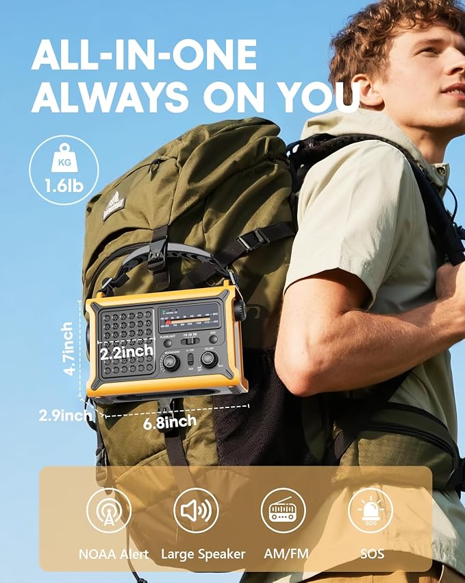 Emergency Weather Radio with Large Solar Panel, Efficient Hand Crank & Real 12000mAh Battery | AM/FM/NOAA Bands, LED Flashlight, Reading Lamp, SOS Alarm & Phone Charger for Camping, Blackout, Survival