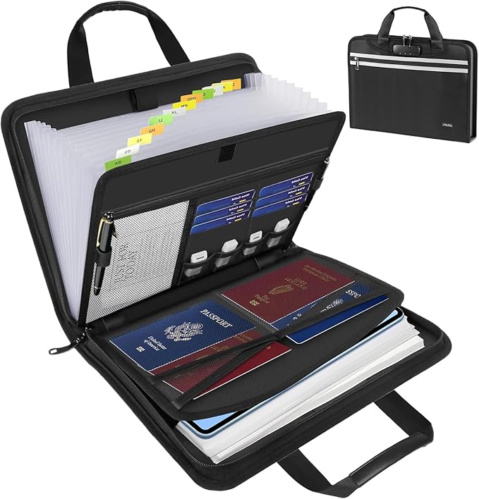 Accordion File Folder Organizer with Lock, 13 Pockets Fireproof Document Organizer with Handle & Zipper, Expanding File Folder with Tabs Document Holder for Letter A4 Files and More