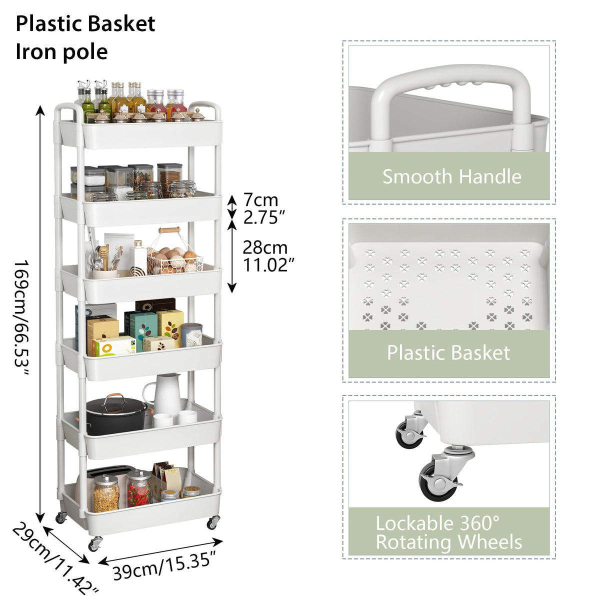 Sywhitta 6-Tier Plastic Rolling Utility Cart with Handle, Multi-Functional Storage Trolley for Office, Living Room, Kitchen, Movable Storage Organizer with Wheels, White