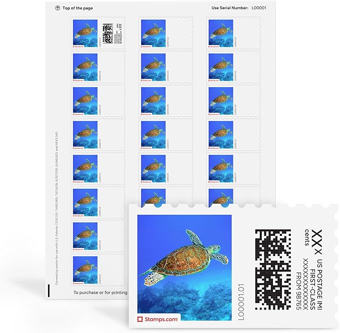 Hawksbill Turtle NetStamps 1200-Pack (50 Sheets) Printable Postage Labels (Stamps.com Subscription Required) - Print Approved Postage - Inkjet & Laser Printers - Business, Personal, Home