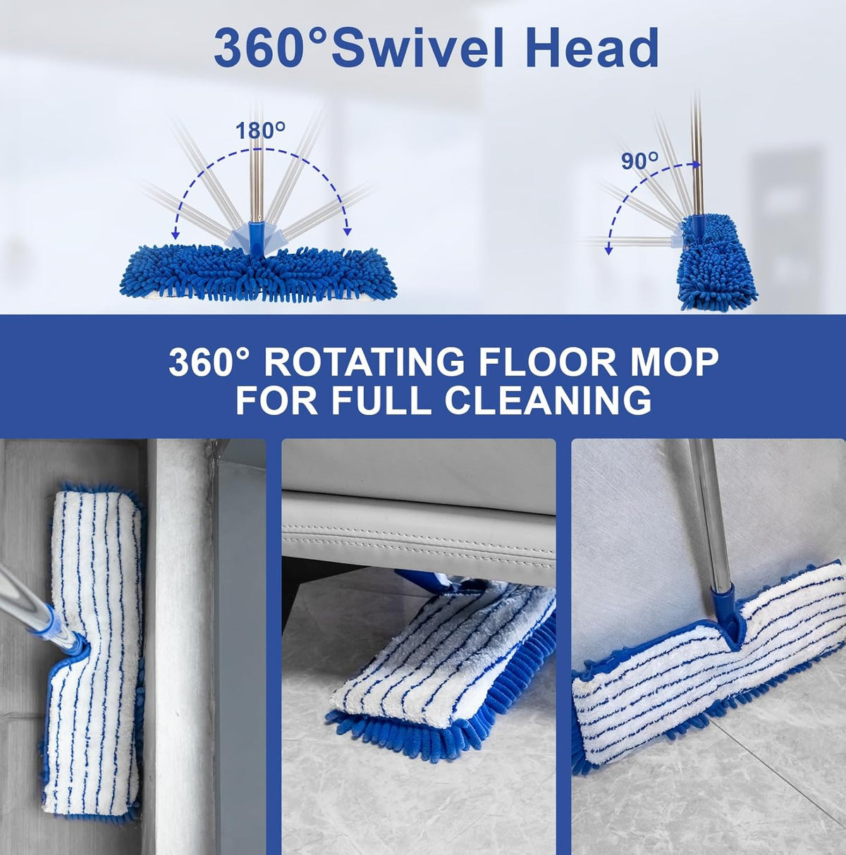 Microfiber Dust Mop for Floor Cleaning - Dual-Sided Washable Pads, Adjustable Stainless Steel Handle (30.7"-56.7") - Wet/Dry Use for Hardwood, Laminate, Tile, Marble Floors with Spin Mop Heads