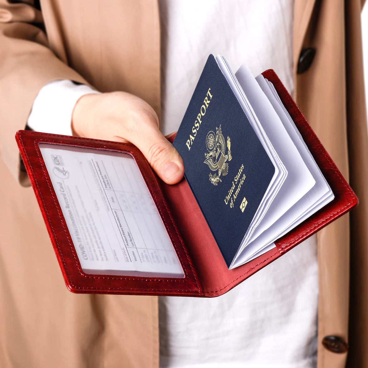 TIGARI Passport Holder for Travel Women Men, PU Leather Passport Wallet Cover Case Sleeve, Waterproof Protected Document Organizer, Family Vacation Plane Cruise Travel Essentials-Red