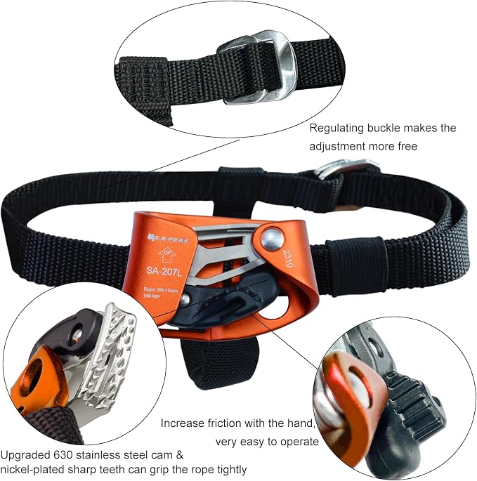 Foot Ascender Upgraded Foot Riser 140kgs Strong Rappelling Gear Equipment for Rock Climbing Tree Arborist, Climbing Rescue Caving, Mountaineering, 8~13MM Rope, Right/Left Foot, 4kN