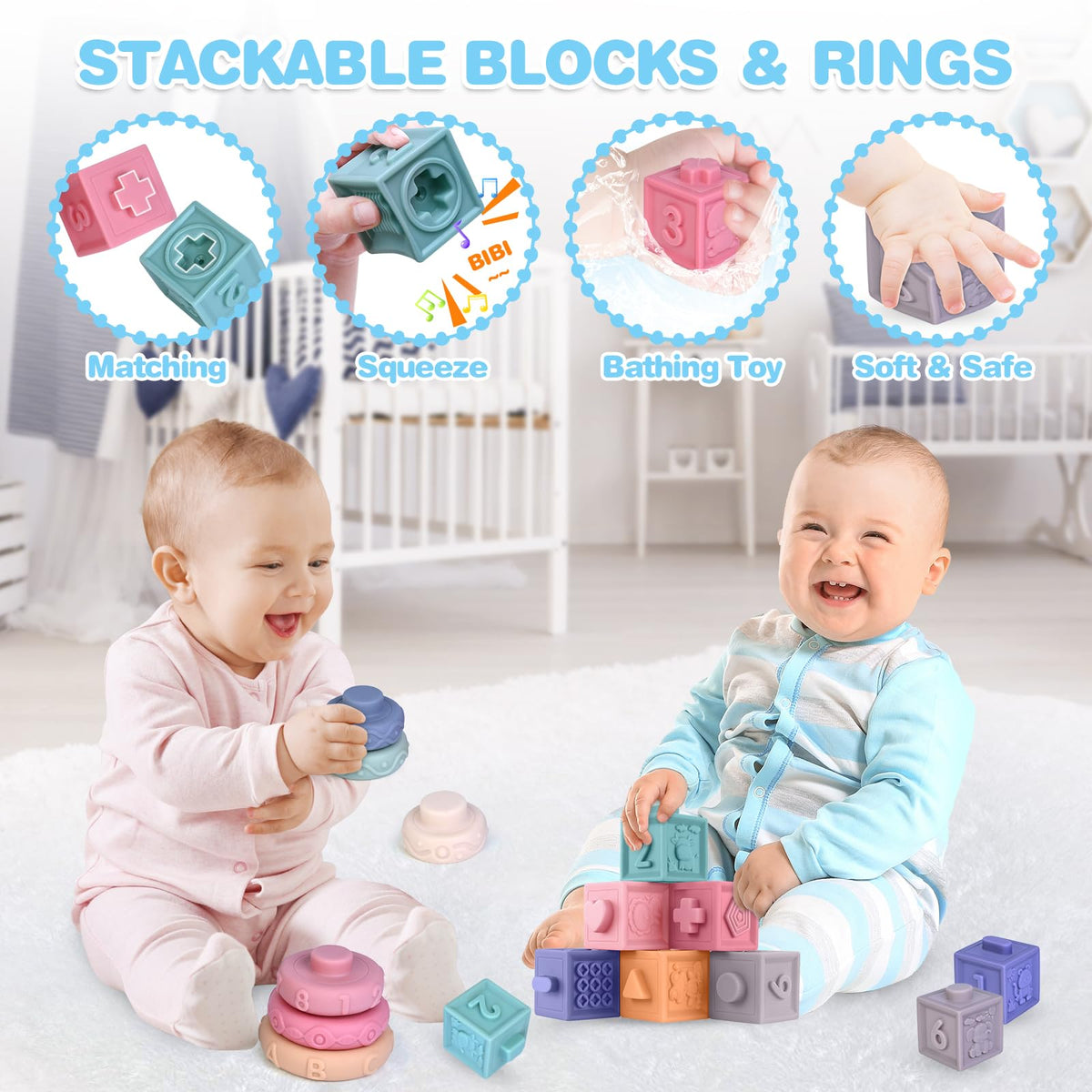 Springflower 5 in 1 Montessori Toys for Babies 0-3-6-12 Months, Soft Baby Teething Toys, Sensory Bin Toy, Stacking Building Blocks & Rings Infants,Developmental Toddler,Gift 12-18 Months