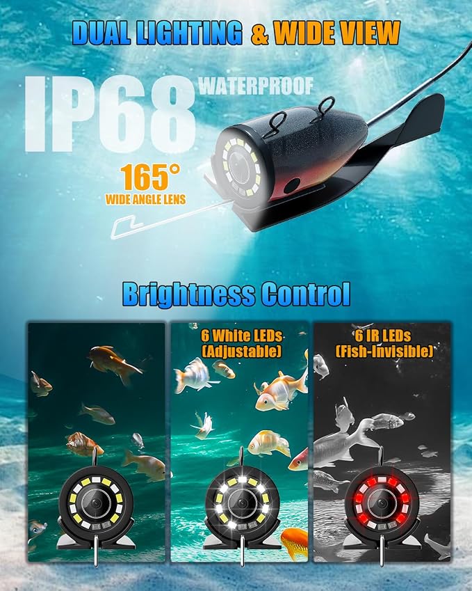 Underwater Fishing Camera, 4.3" HD 1200TVL Fish Finder Camera with 98ft Cable, 8500mAh Battery, 3X Zoom, 6 White & 6 IR LEDs for Ice Fishing, Sea & River, Portable Video Aquarium Camera(Easy to Use)
