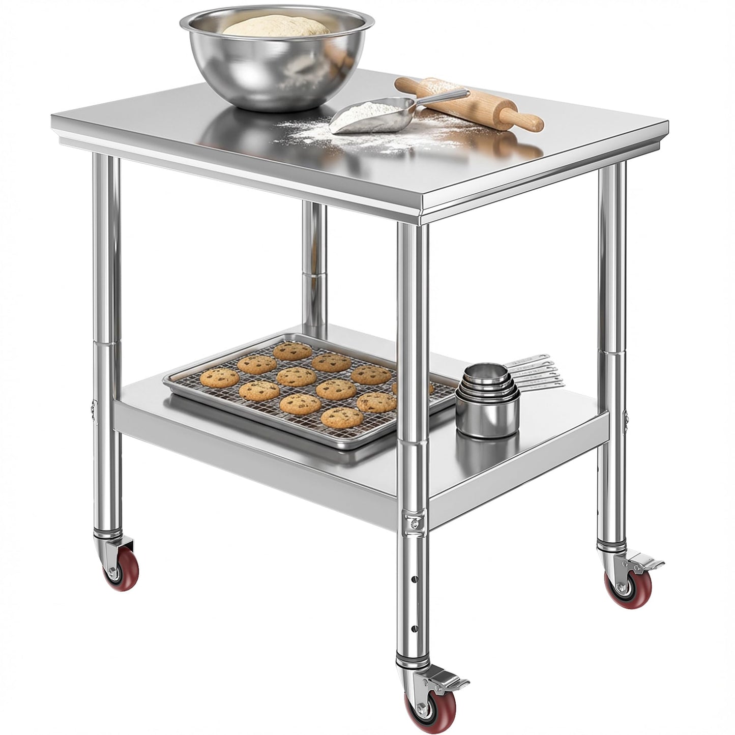 DWVO 30x24in Stainless Steel Table, NSF Metal Prep Worktable with Adjustable Shelf & Wheels for Kitchen Restaurant Hotel Garage Warehouse Home