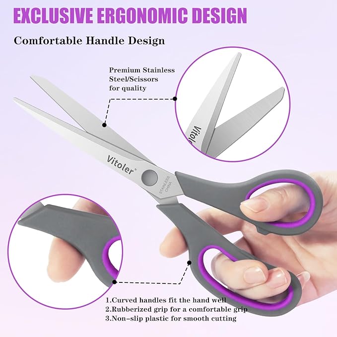 Vitoler Scissors All purpose, 8.5" Heavy Duty Scissors for School Office Supplies,Kitchen Shears for Food Fabric,Right/Left Handed School Scissor for Kids