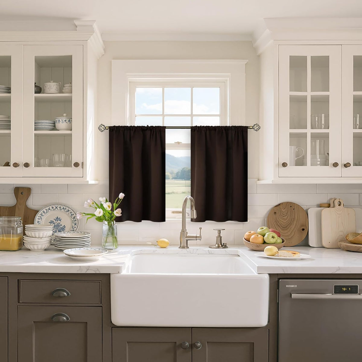 BGment Brown Blackout Curtains for Kitchen Cafe Window - Chocolate Half Window Drapes Thermal Insulated Blackout Blinds for Rv Bathroom Privacy, 34 x 30 Inch, 2 Panels